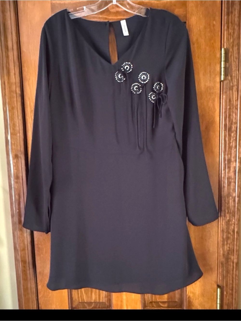 FREE PEOPLE Vintage Y2K Black Beaded Rhinestone Long Sleeve Mini Dress Sz 12 NEW